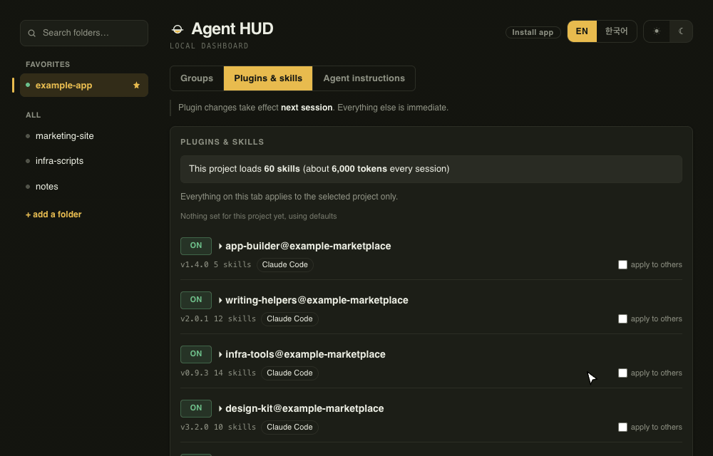 Applying the app group to a project takes it from 60 skills (about 6,000 tokens) to 6
